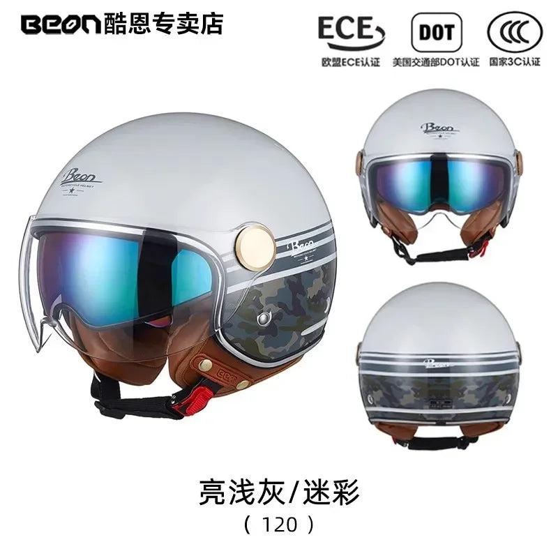 BEON Motorcycle Retro Style Helmet Electric Bike Riding Three-quarters Half Helmet Lightweight Dual Lens Safety Helmet