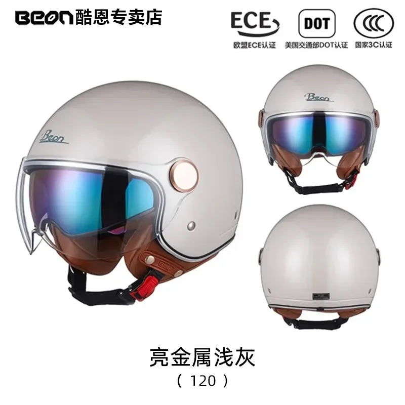 BEON Motorcycle Retro Style Helmet Electric Bike Riding Three-quarters Half Helmet Lightweight Dual Lens Safety Helmet
