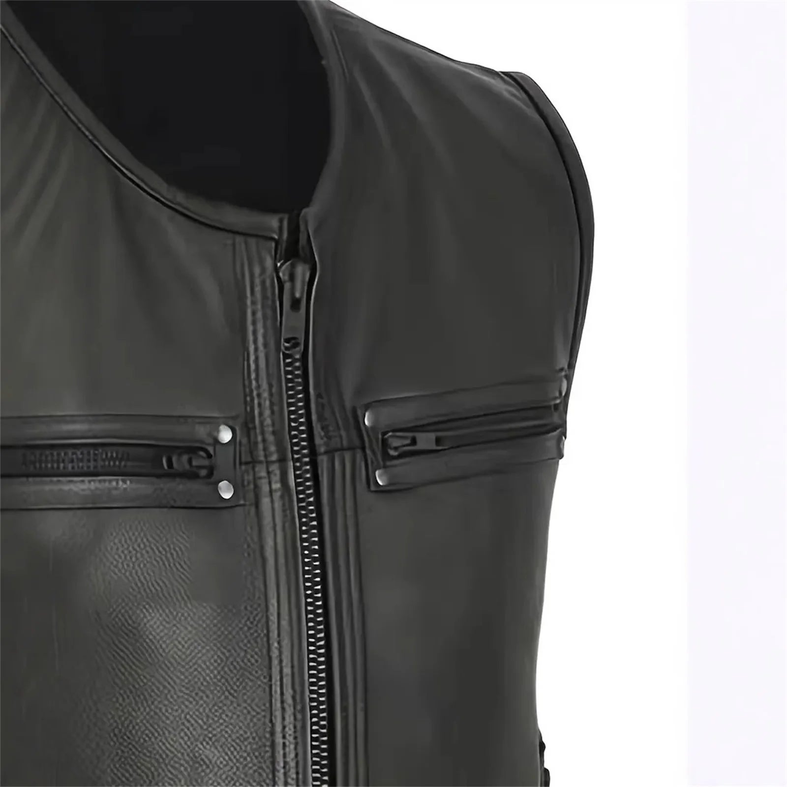 Men's Motorcycle Vests with Pockets Fashionable Leather Solid Color Zipper Up Sleeveless Jacket
