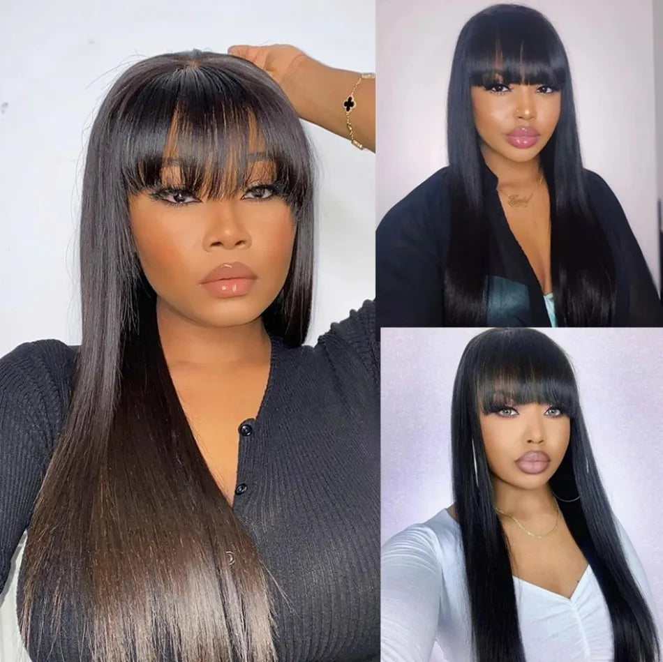 3x1Middle Part Lace Wig Bone Straight Human Hair Wig With Bangs Full Machine Made 30 36 Inch Body Wave Human Hair Wig with Bangs