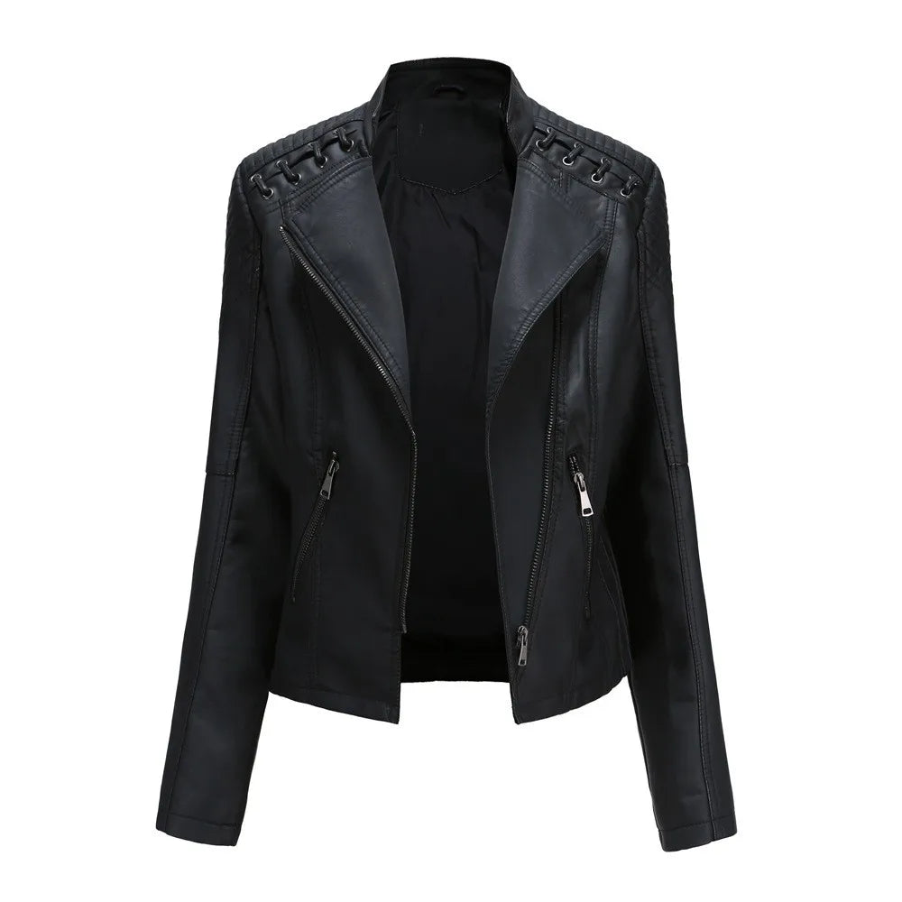 Spring Autumn Women's Clothing Slim Fit PU Leather Jacket For Woman Motorcycle Biker Style Short Coat With Notched Collar