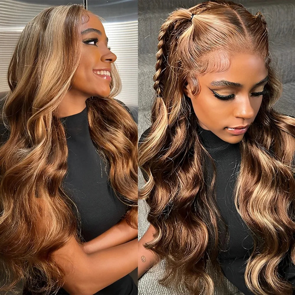 13x6 Body Wave HD Lace Frontal Wigs Colored Highlight Natural Human Hair Wigs For Women Brazilian 4/27 Blonde Pre Plucked Wigs
