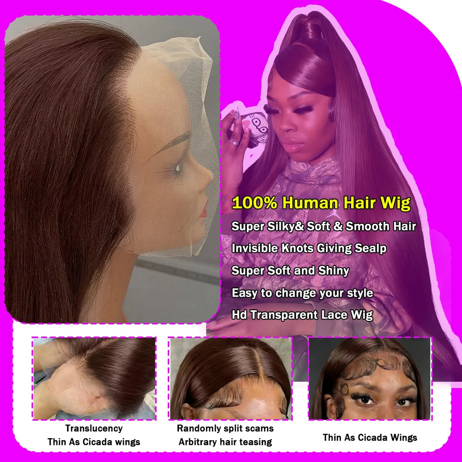 HD Chocolate Brown 13x4 Straight Lace Front Wig Brazilian 13x6 Lace Frontal Wigs For Women 100% Remy Human Hair Wig Pre Plucked
