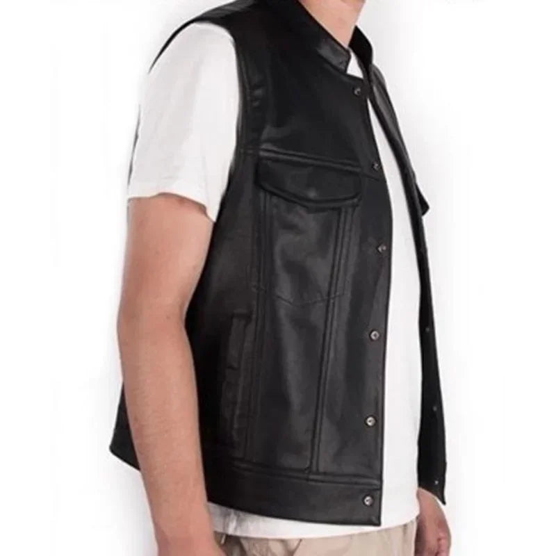1The Latest Solid Color Vest Motorcycle Standing Collar Leather Vest for Men Pu Leather Coat