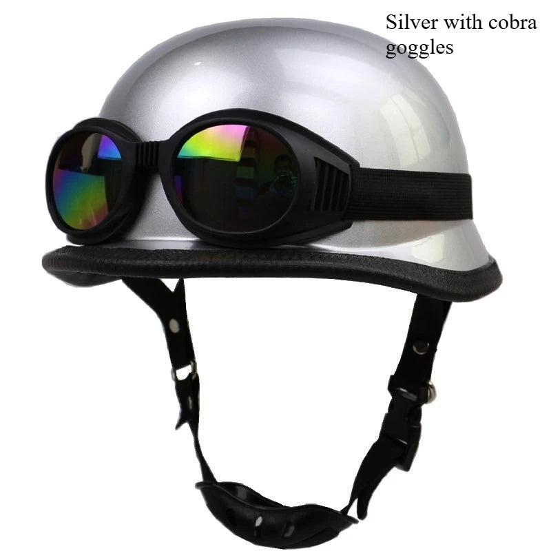 Vintage German Motorcycle Helmet, Open Face Retro Half Helmet, Pilot Approved With, Available in Sizes S to XXL.