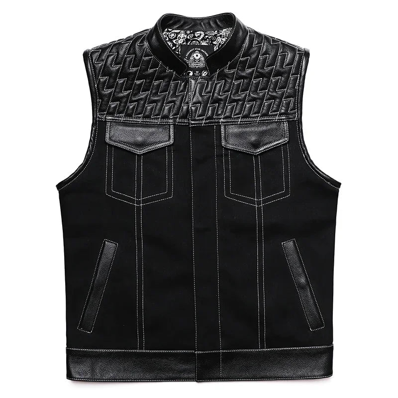 SOA Club Style Motorcycle Leather Vest Men Cowhide Denim Patchwork Waistcoat Sons of Anarchy Biker Vests Man Sleeveless Jacket