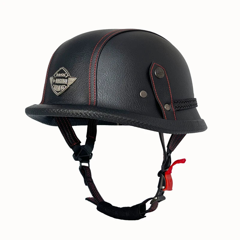 Vintage leather WWII-style black riding helmet, unisex open-face half helmet for German motorcycles, factory direct sales.