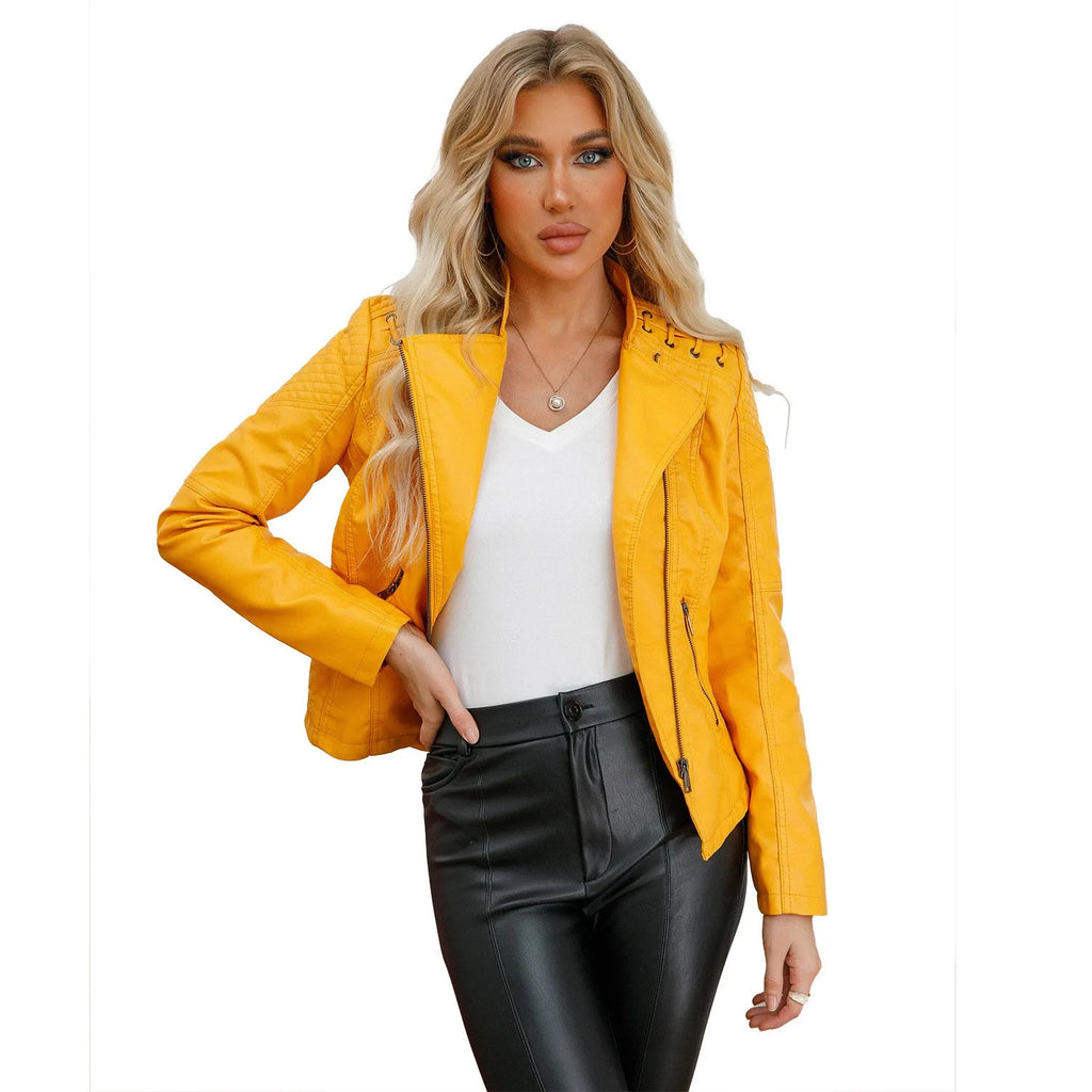 Spring Autumn Women's Clothing Slim Fit PU Leather Jacket For Woman Motorcycle Biker Style Short Coat With Notched Collar