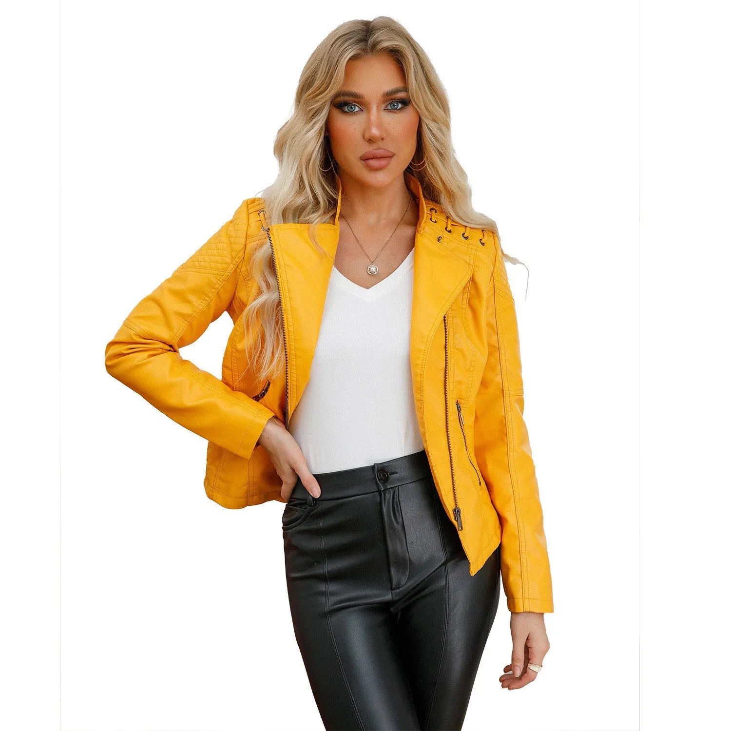Spring Autumn Women's Clothing Slim Fit PU Leather Jacket For Woman Motorcycle Biker Style Short Coat With Notched Collar