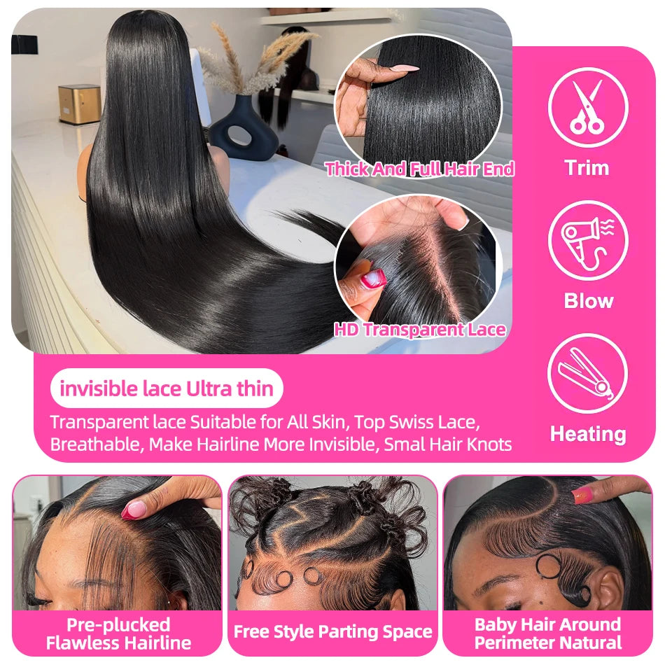 250 Density Human Hair Brazilian 13x4 Bone Straight HD Lace Front Wig 30 40 Inch 13x6 Transparent Lace Frontal Wigs Black