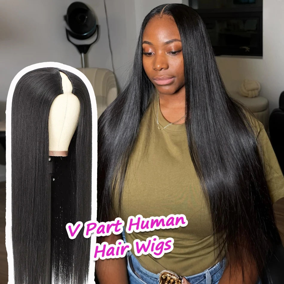 V Part Wigs Human Hair Straight Human Hair Wigs No Leave Out No Sew-In Glueless 220 Density Natural Black Beginner Friendly