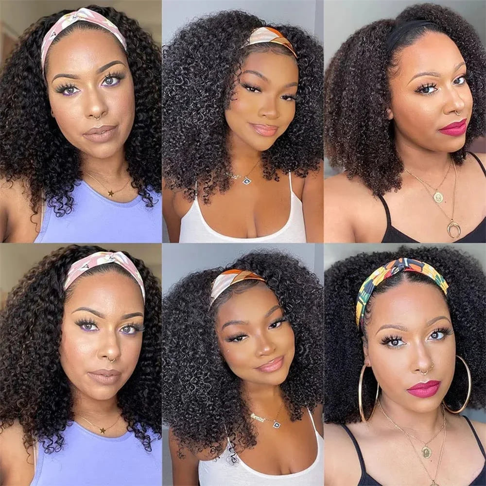 16-32 Inch Human hair Wigs Kinky Curly Headband Wig Upgrade 3 IN 1 Half Wig With Drawstring Seamless Clip Ins High Density Wigs