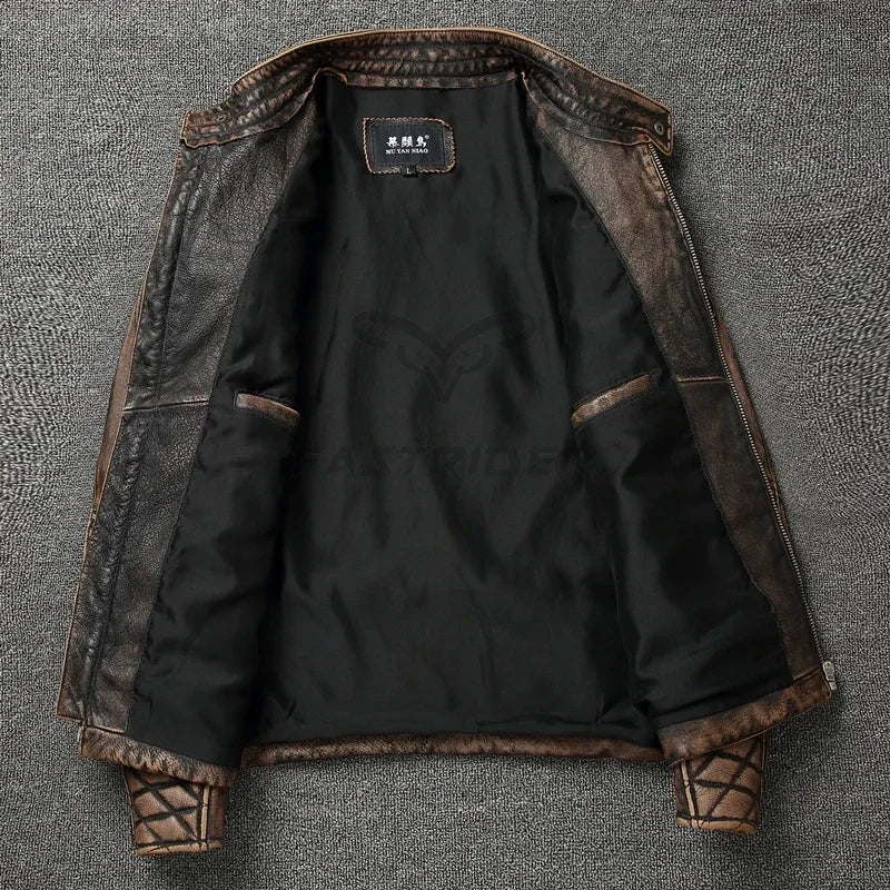 NEW Men's Vintage Motorcycle Jacket Stand Collar Natural Cowhide Jacket Classic Top Layer Cowhide Moto Suit Biker Clothing