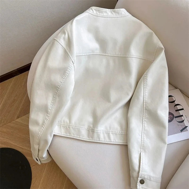 All-match Casual PU Short Leather Jacket 2025 New Spring Autumn Motorcycle Clothing Retro Fashion Women Coat White Black Outwear