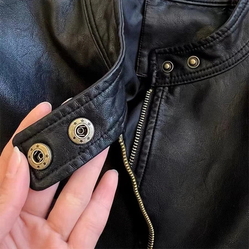 All-match Casual PU Short Leather Jacket 2025 New Spring Autumn Motorcycle Clothing Retro Fashion Women Coat White Black Outwear