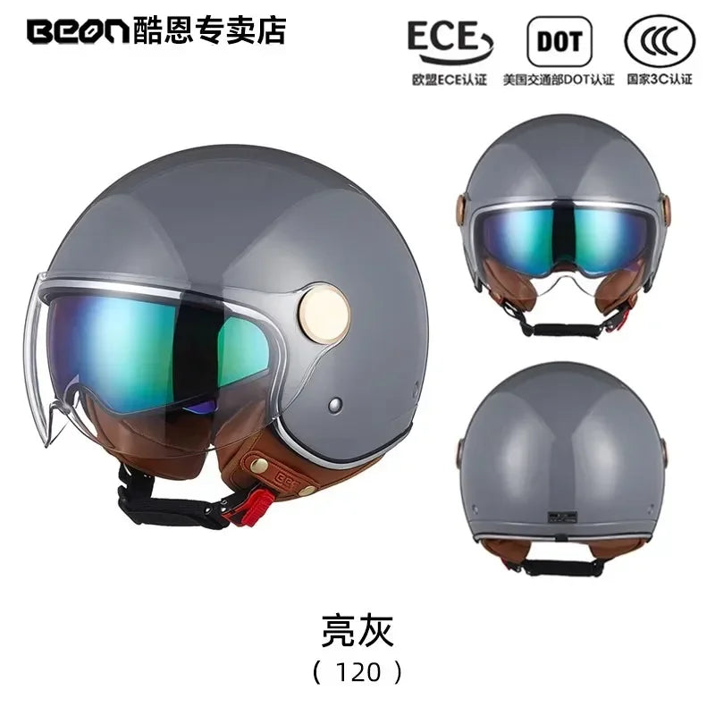 BEON Motorcycle Retro Style Helmet Electric Bike Riding Three-quarters Half Helmet Lightweight Dual Lens Safety Helmet