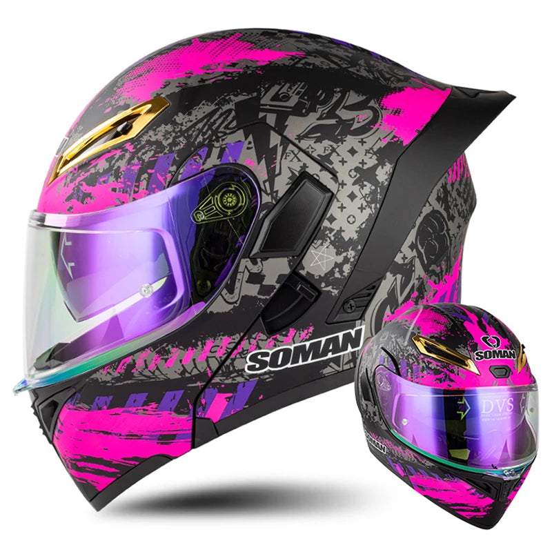 DOT Approved Men Motorcycle Helmet Dual Lens Flip Up Helmets Vintage Retro Full Face Moto Helmet Double Lens Modular Helm