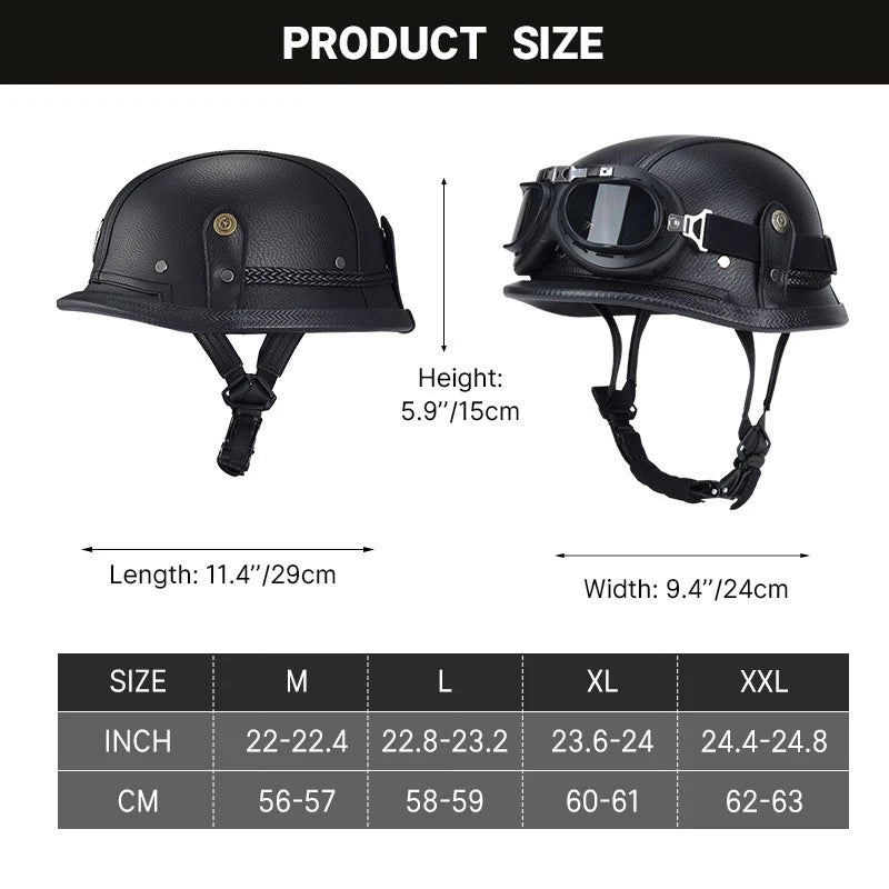 Factory Price Motorcycle German Style Leather Half Face Helmet DOT Approved Cap1/2 Shell Helmets+Goggles Open-Face Casque