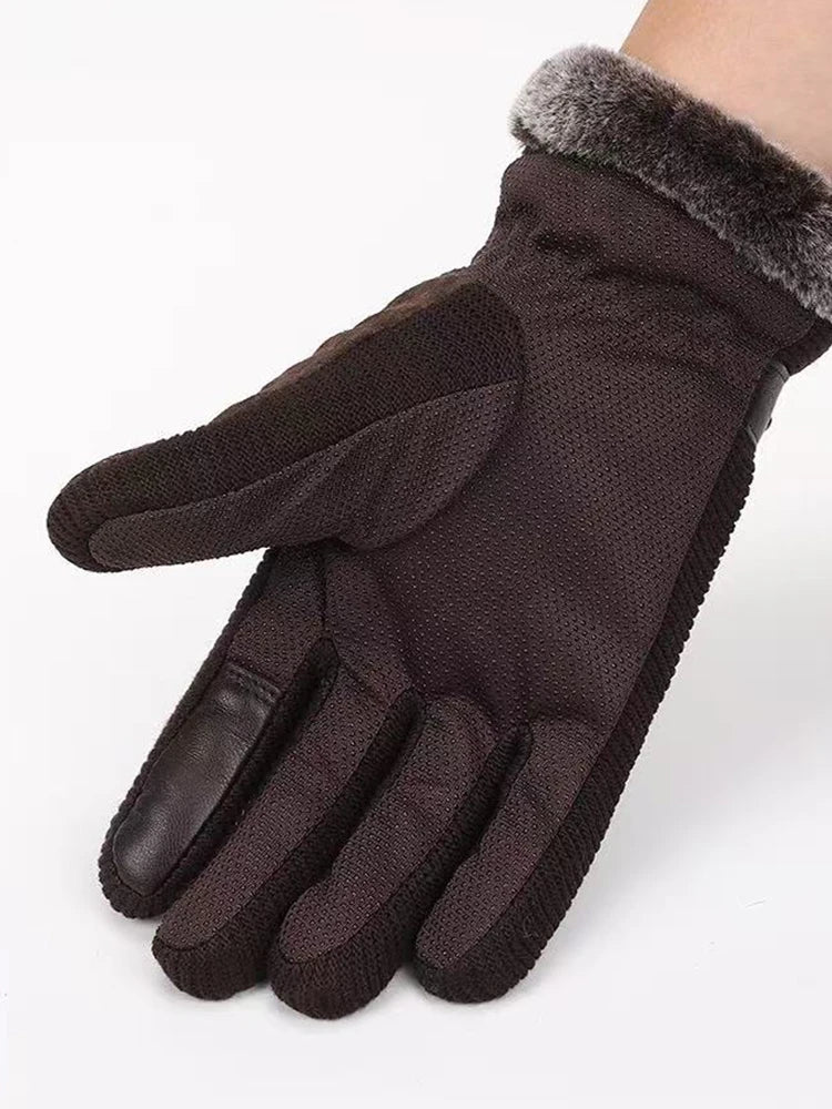Men's Pigskin Touchscreen Gloves, Fleece-Lined, Thickened for Winter, Windproof Motorcycle Riding Cold-Resistant Gloves