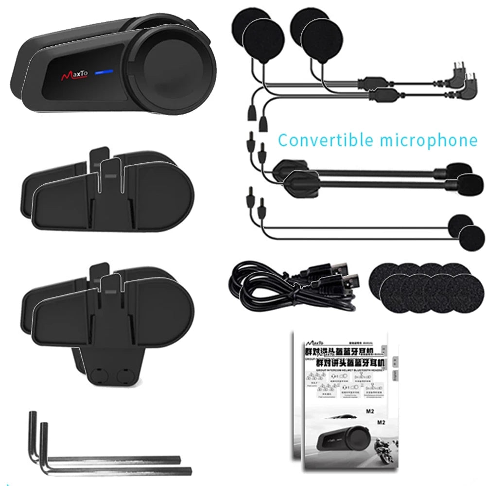 2PCS Maxto M2 Motorcycle Helmet Bluetooth Headset Intercom 6 Riders 1000M Intercom Support FM MP3 Waterproof IP67
