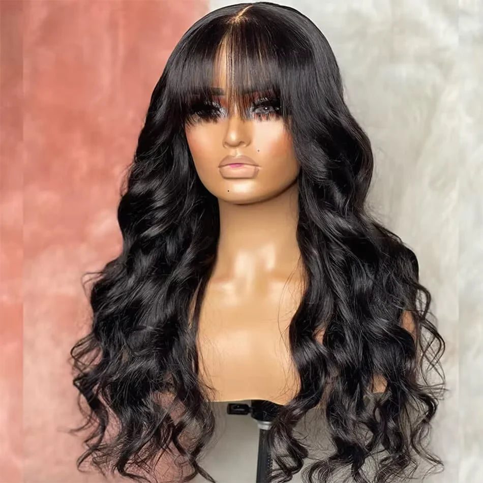 3x1Middle Part Lace Wig Bone Straight Human Hair Wig With Bangs Full Machine Made 30 36 Inch Body Wave Human Hair Wig with Bangs
