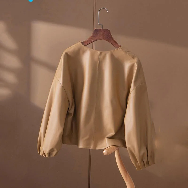 Fashion Motorcycle Clothing Khaki Black Leather Jacket Spring Autumn Women Coat Round-Neck Lantern Sleeve PU Leather Short Coat