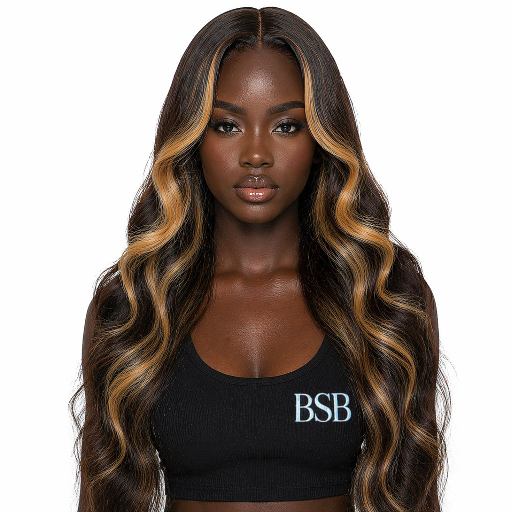 Highlight Ombre Lace Front Wigs Human Hair Body Wave Lace Front Pre Plucked 13x6 1B/30 Brown Highlight Wig 220 Density For Women