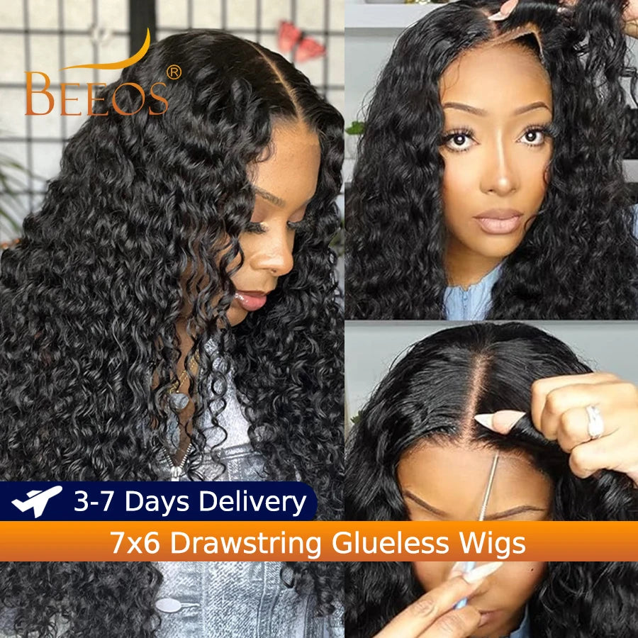 Water Wave Wig 100% Human Hair Wig 7x6 Drawstring Glueless Wigs Curly Wigs Deep Part Silklike HD Lace Wigs Brazilian Remy Hair