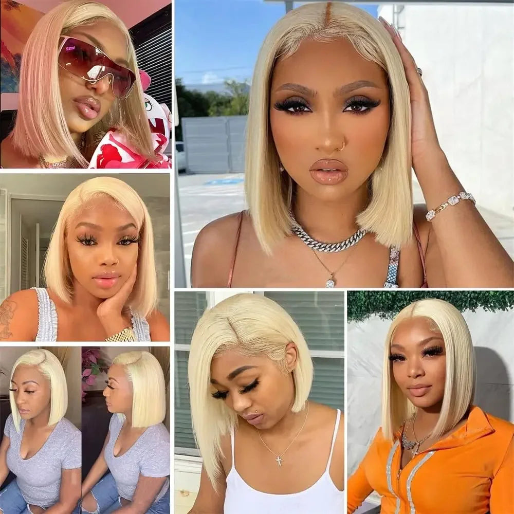 Honey Blonde Short Straight Bob Human Hair Wigs Brazilian Lace Front 613 Human Hair Wigs Pre Plucked HD Lace Wigs Remy Hair Wigs