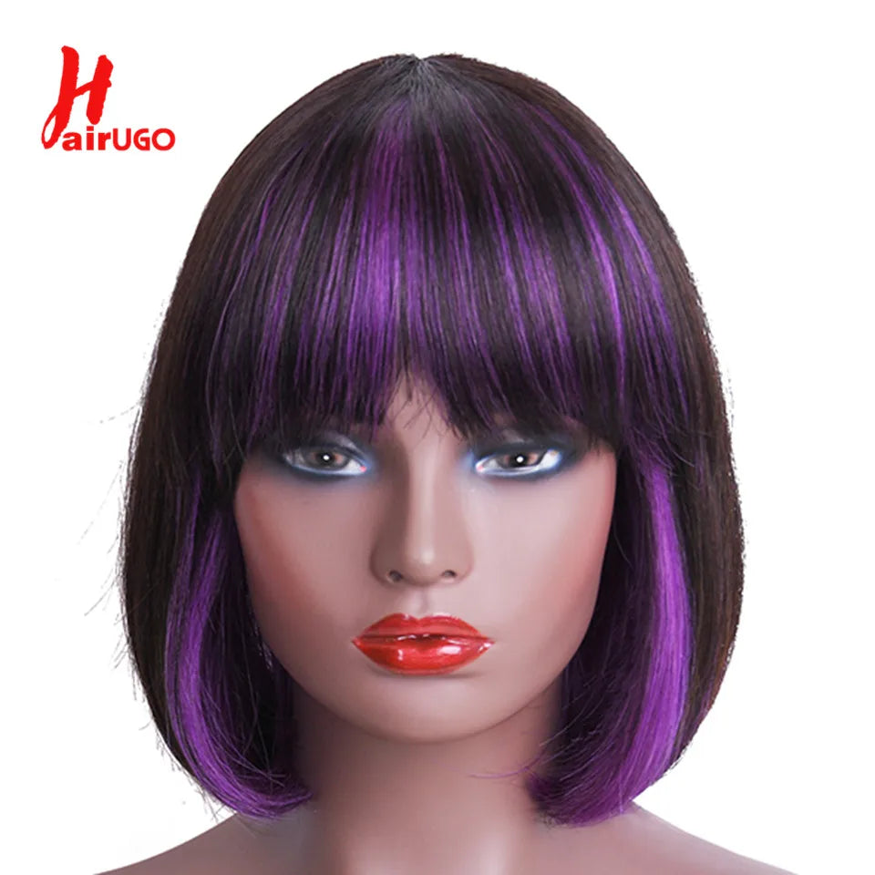 Purple Ombre Bob Straight Wigs Short BOB Human Hair Wigs With bangs Mix Color Bob Bangs Wigs P1B/27 Highlight Wigs For Party