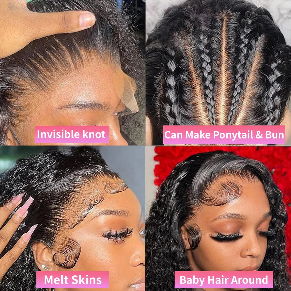 220%Density Human Hair Deep Wave 13x4 13x6 Lace Frontal with Pre-Plucked Hairline Women's 360 HD Lace Front Glueless Curly Wig