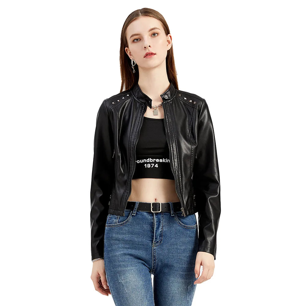 KIDCRKJ Spring Autumn Women's Leather Jacket Female Riveted Stand Collar Casual Coats Women's Motorcycle Jacket Women's Clothing