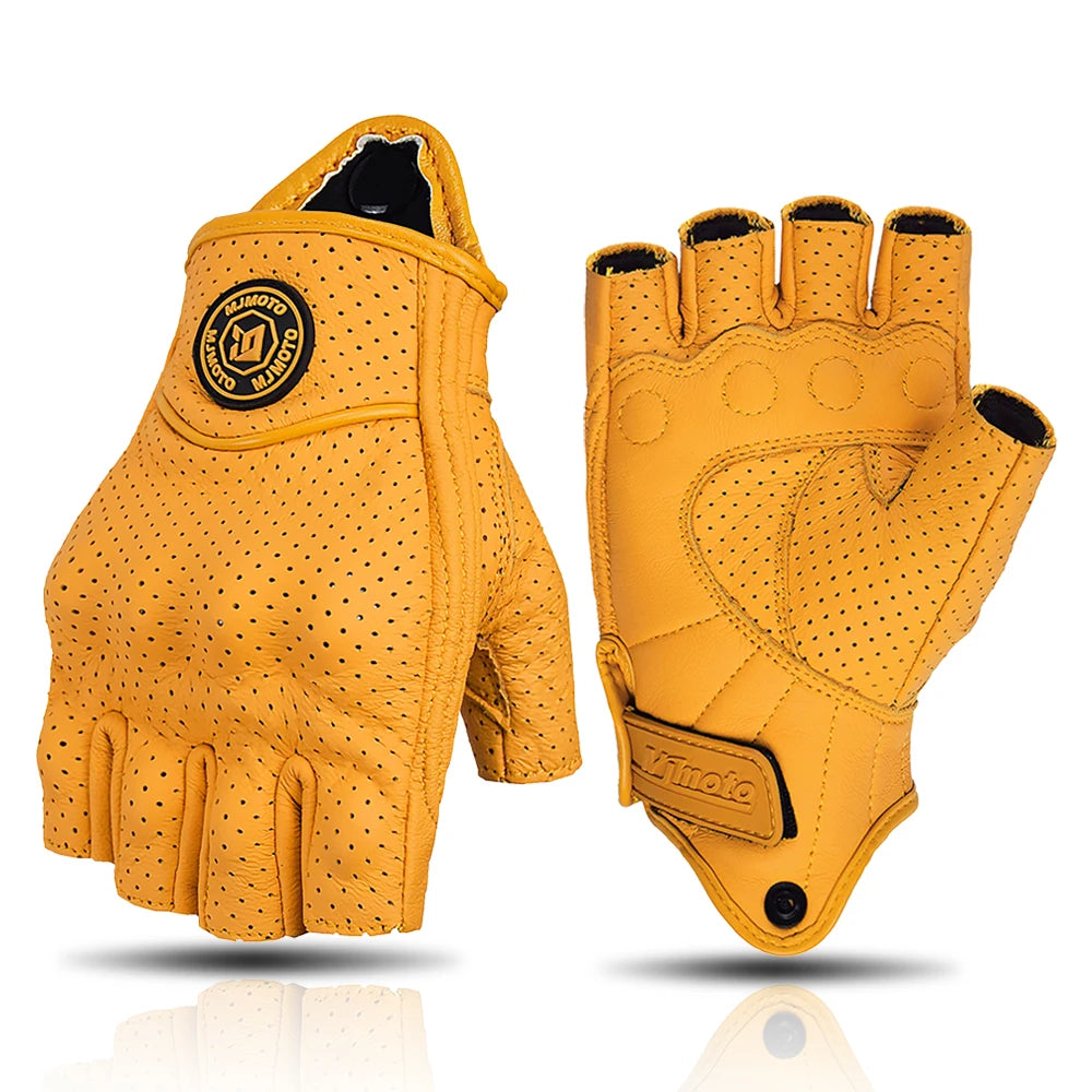 MJMOTO Retro Leather Motorcycle Half Finger Gloves Touchscreen Motocross Gloves Hard Shell Protection Motorbike Glove Breathable