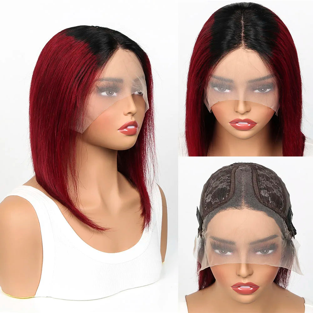 13x4 Lace Frontal 1B/99J Burgundy Body Wave Bob Human Hair Wigs Brazilian Human Hair Wigs Pre Plucked T Part Lace Wigs Remy Hair