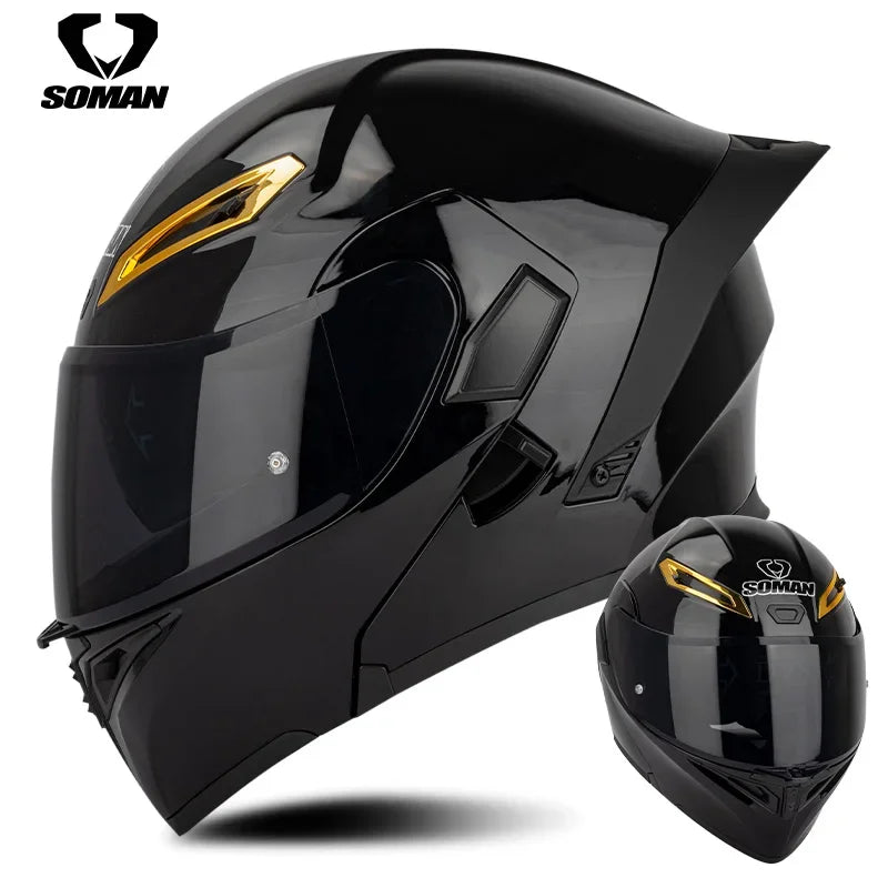 SOMAN Full Face Helmet Dual Lens Flip Up Motorcycle Helmets Casco Accessories Men Women Casque Moto Racing DOT Approved Visor