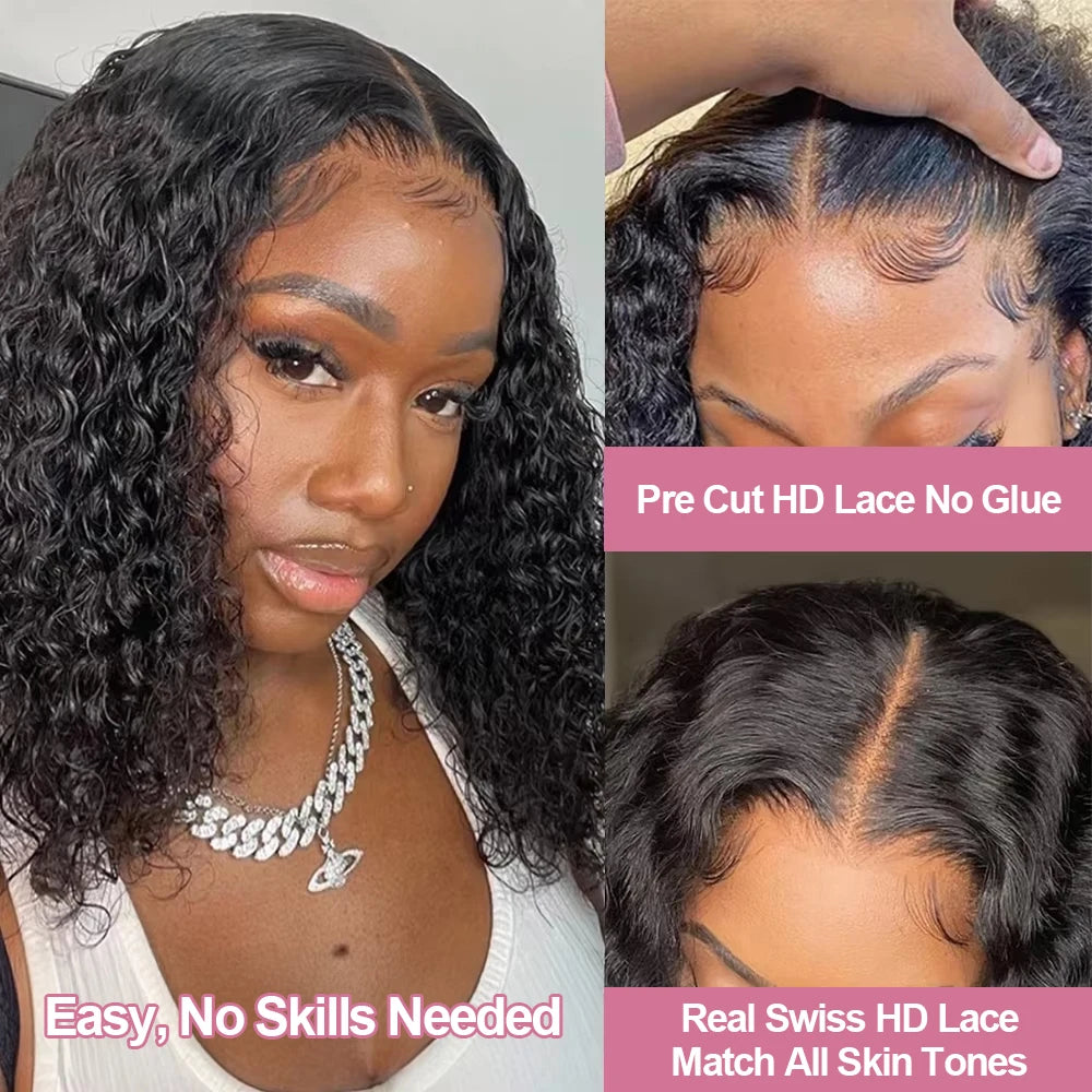Curly 250% Bob Wig Human Hair Wigs Wear Go 13x4 Glueless Wig Deep Wave 7x5 HD Lace Closure Wigs 250%  Ready To Go With Baby Hair