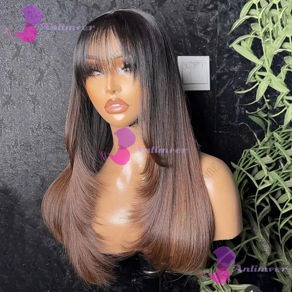 Silky Straight Human Hair With Bangs Ombre Dark Brown Brazilian Pre Plucked Finger 5x5 Silk Top Closure Wigs 13x6/360 Lace Wigs