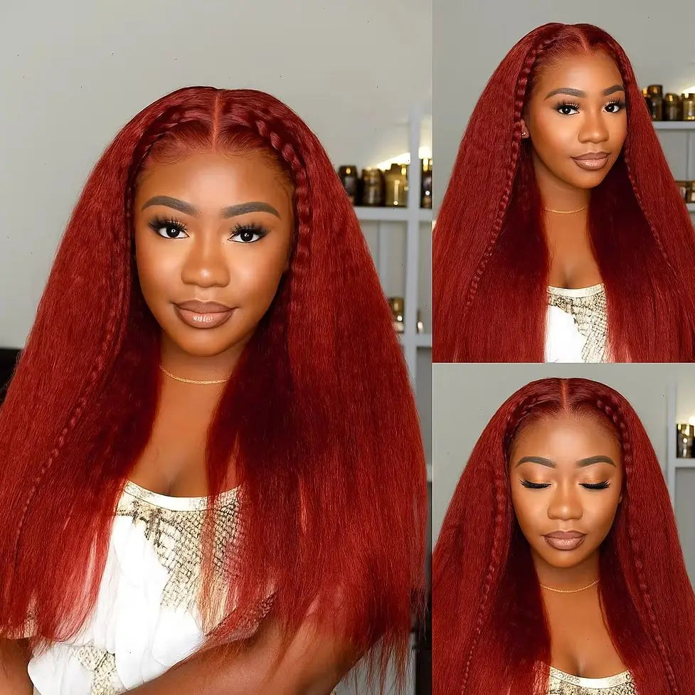 Kinky Straight Closure 4x4 Human Hair Wig Reddish Brown Lace Front Wig Human Hair  13x4 HD Lace Wig 200 Density Brazilian Hair