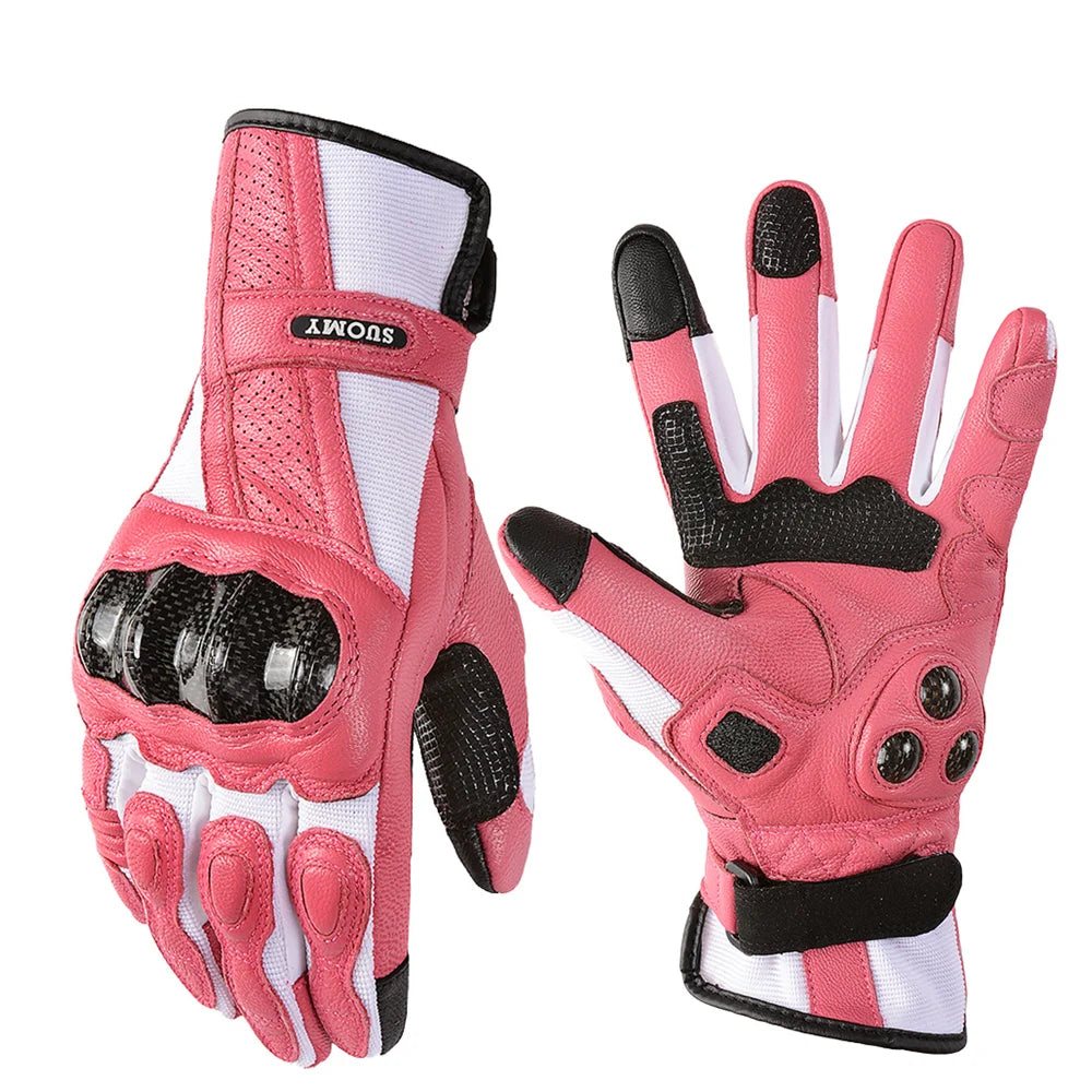 Suomy Women Pink Goatskin Motorcycle Gloves Lady Long Full Finger Scooter Electric Bike Glove Cycling Racing Motocross Luvas XS
