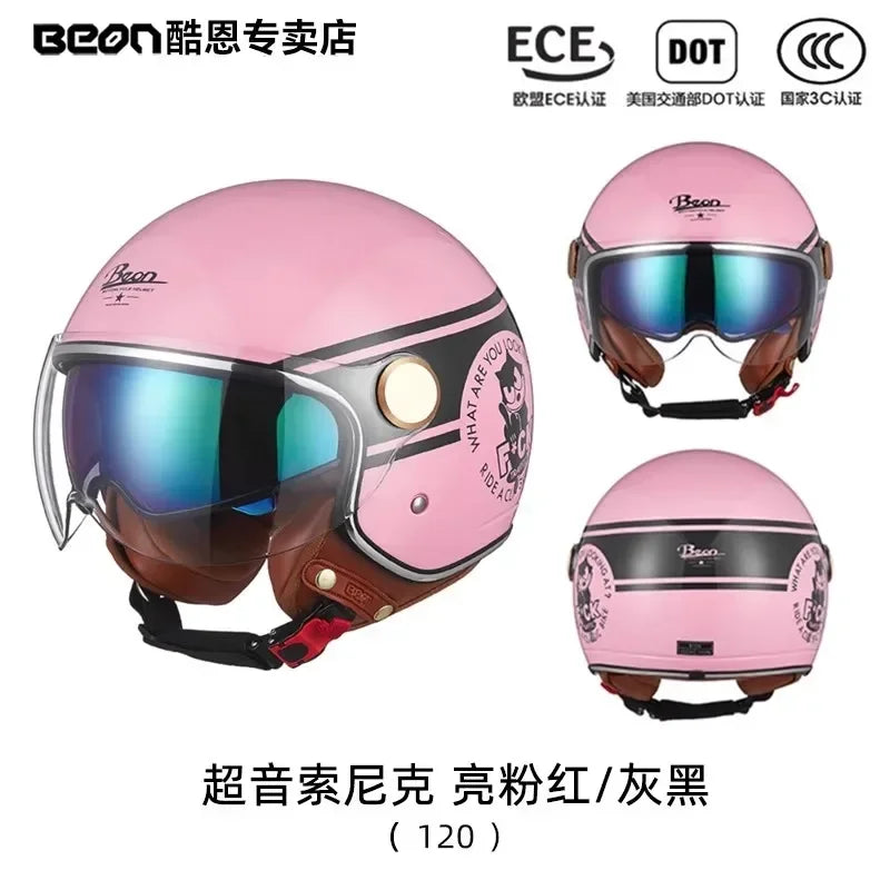 BEON Motorcycle Retro Style Helmet Electric Bike Riding Three-quarters Half Helmet Lightweight Dual Lens Safety Helmet