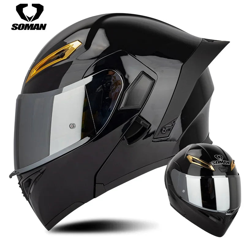 SOMAN Full Face Helmet Dual Lens Flip Up Motorcycle Helmets Casco Accessories Men Women Casque Moto Racing DOT Approved Visor