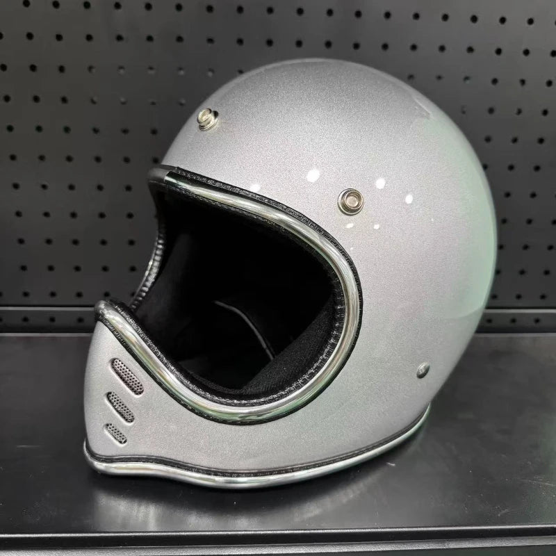 Pointed Nose Small Helmet Chrome Silver Rim Retro Motorcycle Fiberglass Helmet Four Season Full Face Helmet for Honda casco moto