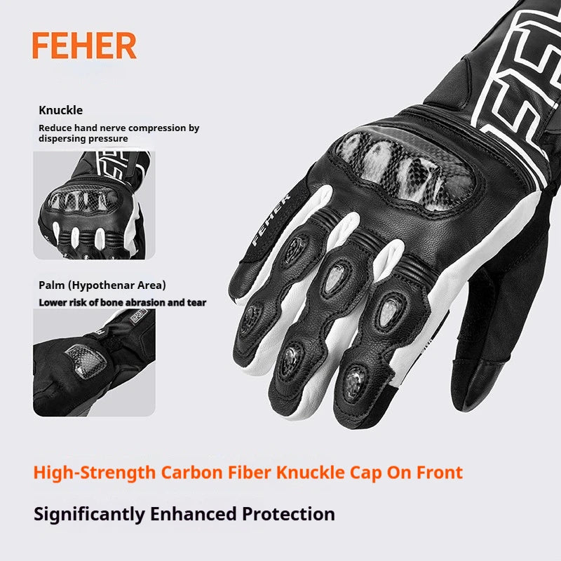 FEHER Winter Motorcycle Riding Gloves Waterproof Touchscreen Leather Keep Warm Finger Joint Carbon Fiber Design Motorbike Gloves