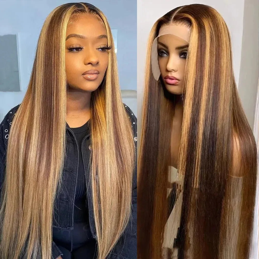 13x6 Straight HD Lace Frontal Wig P4/27 Colored Human Hair Wigs For Women 200 Density Remy Hair 30 36 inches