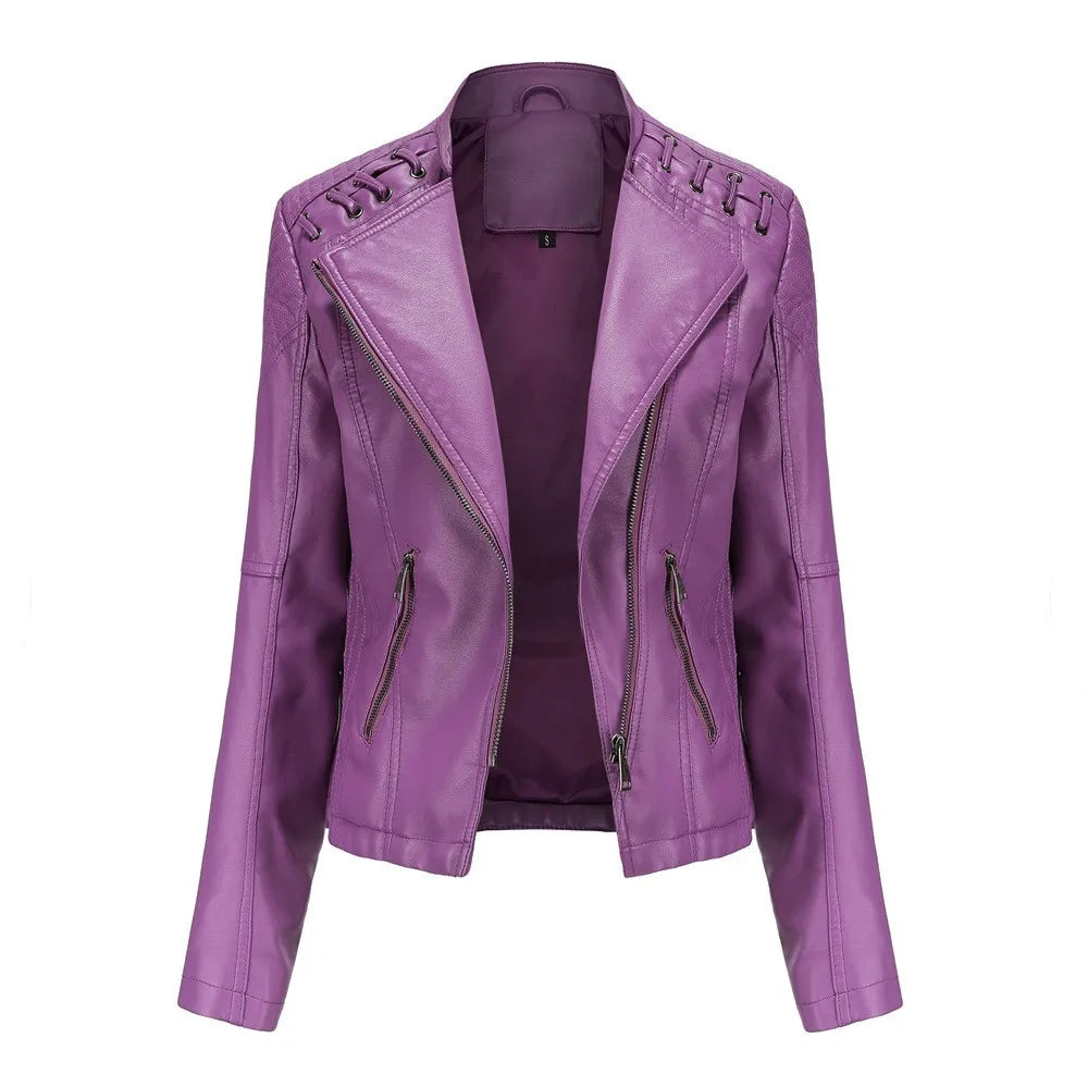 Spring Autumn Women's Clothing Slim Fit PU Leather Jacket For Woman Motorcycle Biker Style Short Coat With Notched Collar
