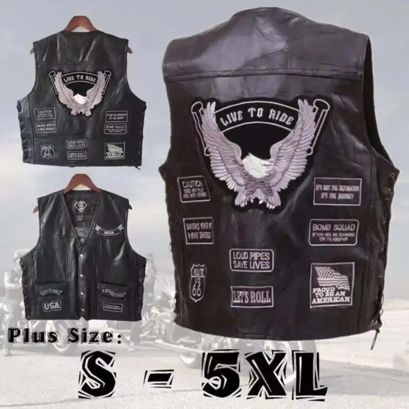 Style Harley Motorcycle Riding Men's Vest Shoulder PU Leather Dark Series Embroidered Badge Designb;4.f'7;j,3'