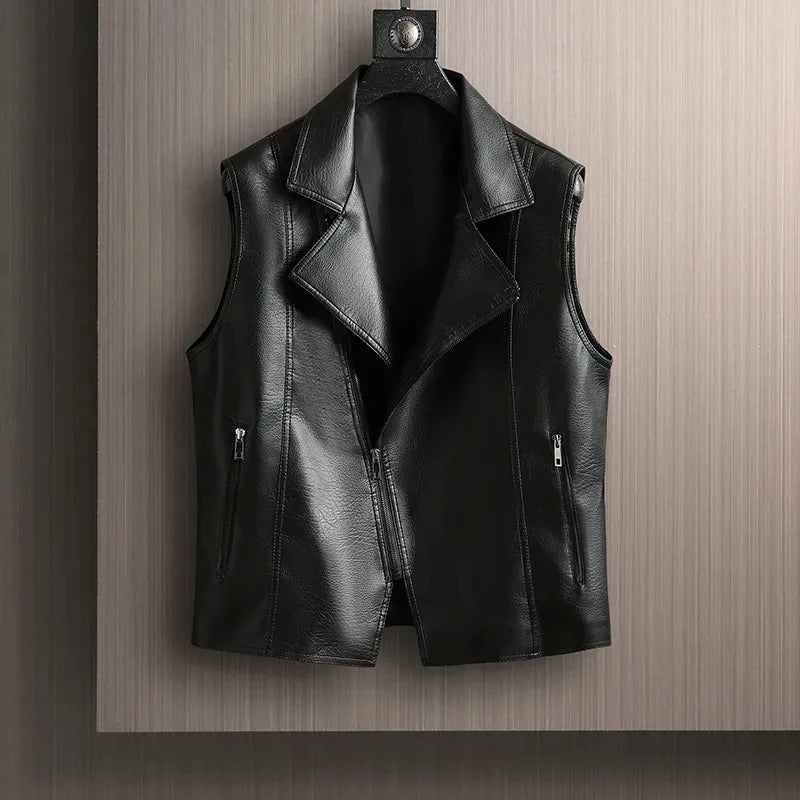 Spring Autumn New Fashion Trend Motorcycle Leather Vest Jacket Women's Suit Collar Sleeveless Coat Lady Short Zipper Jackets