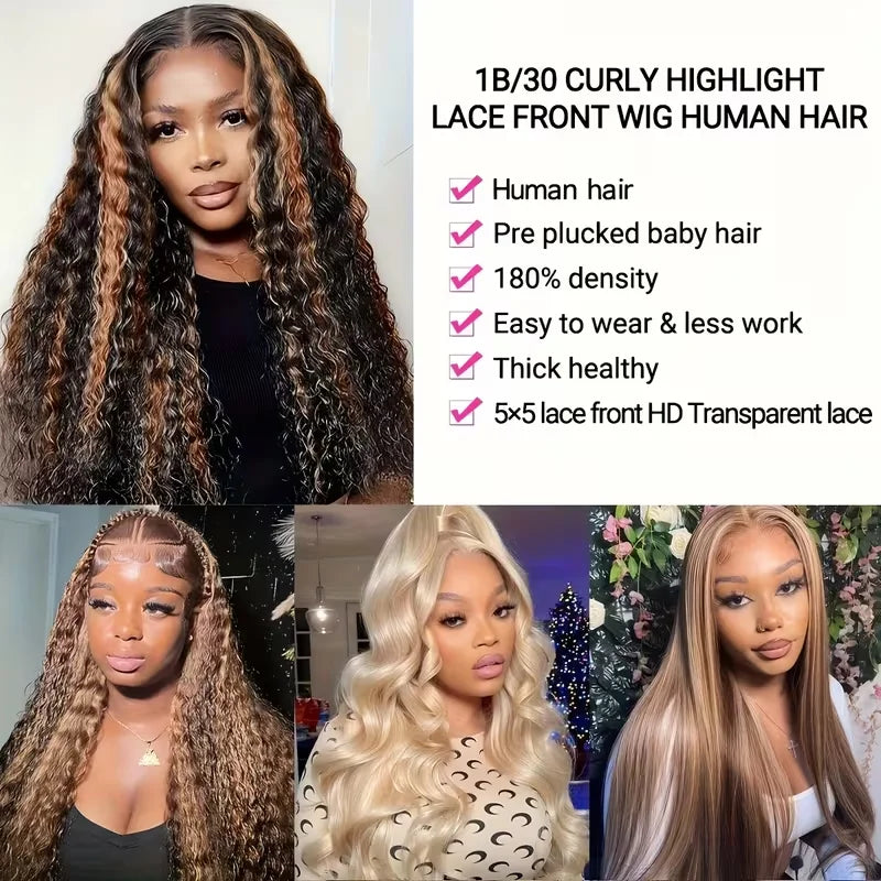 5x5 Glueless Wig Deep Wave 13x4 Lace Front Wigs Human Hair 1B/30 Ombre Colored 13x6 Lace Front Wig Highlight Curly Wig For Women
