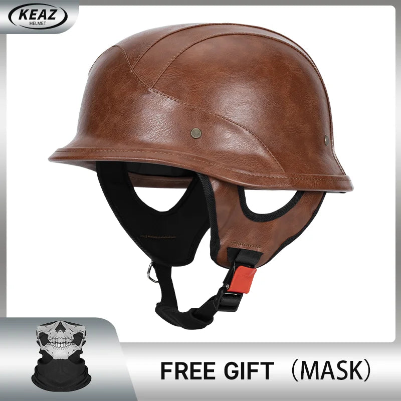 German Half Helmet Premium Vintage Open Face Motorcycle Helmet Genuine Cowhide Leather Cover DOT Certified Classic Retro Design