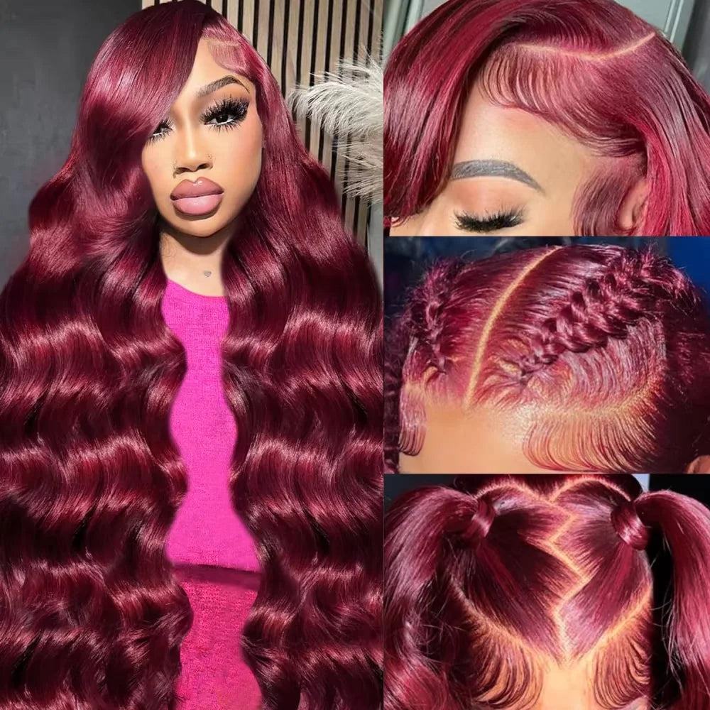 220 Density 99j Burgundy 13x6 HD Lace Frontal Human Hair Wig Body Wave 13x4 Transparent Lace Front Brazilian Wigs For Women